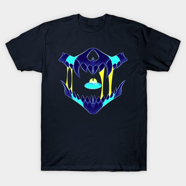 Demon Skull Mask 7 BIG NEON BLUE GLOW T-Shirt by Niall Byrne